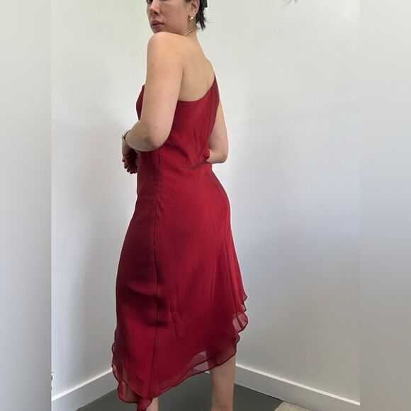 ⛔️SOLD⛔️Vintage 90's One Shoulder Asymmetric Wine Red Chiffon Midi Evening Dress - Picture 5 of 10